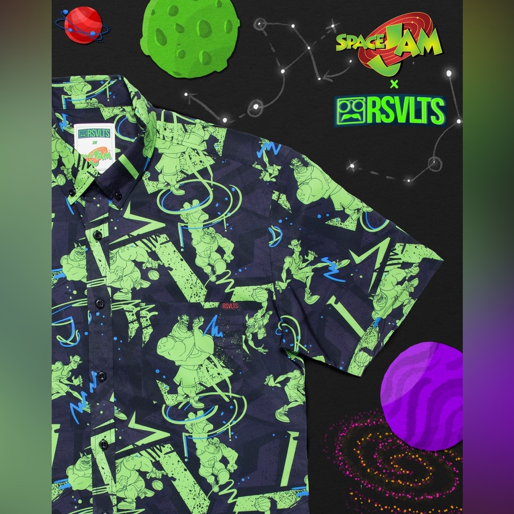 RSVLTS The Roosevelts Space Jam MEAN GREEN TEAM Alien Button Up Sz L Streetwear